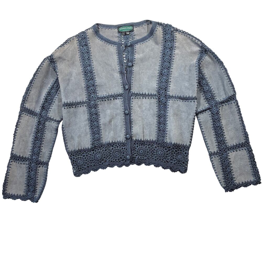 Vintage Overland Jacket Womens 10 Dusty Blue Leather Crochet Patchwork Crop Boho